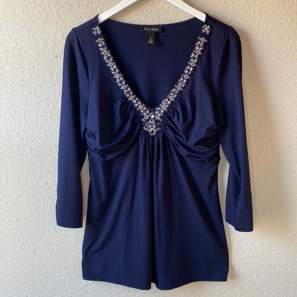 WHBM Blue Beaded V Neck Top Size Medium - Picture 1 of 13